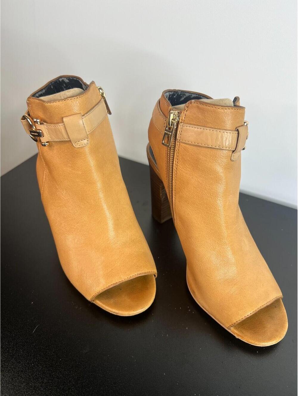 Coach Tan  Leather Peep-Toe Heeled Booties With Gold Zipper & Buckle Detail